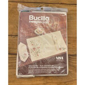 Bucilla Needlecraft 8pc Placemat Napkin Embroidery Kit Strawberries Cottagecore
